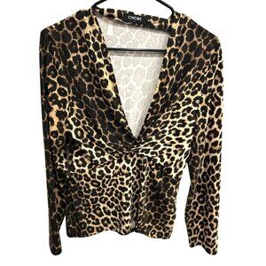 ChicMe Leopard Print Long-Sleeve Top With Deep V Neck Twist Detail Size Large